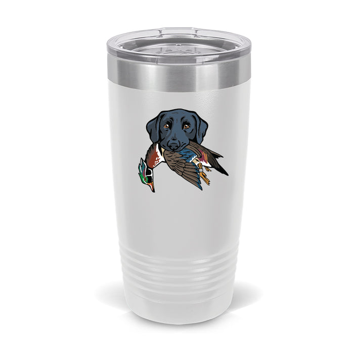 Black Lab with a Wood Duck / White