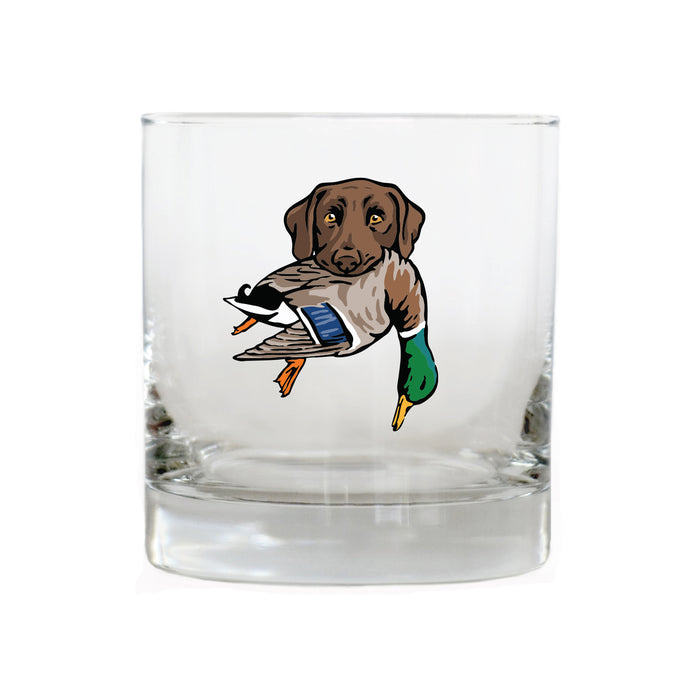 |Chocolate Lab with a Mallard