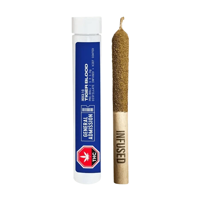 Close-up of the Tiger Blood Infused Pre Rolled 1 x 1 g package, displaying bold red and black branding against a neutral background.