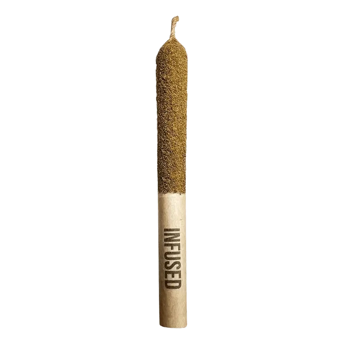 Front view of the Tiger Blood Infused Pre Rolled 1 x 1 g, showing a narrow, cylindrical shape with a textured, reddish-brown surface.