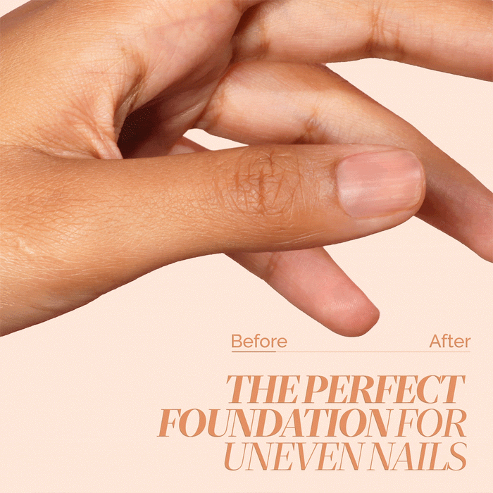 A hand displays a fingernail before and after using LONDONTOWN Tinted Fortifying Ridge Filler - Apricot Beige, showing smoother, more even nails with a hint of tint—the ideal base for uneven nails.