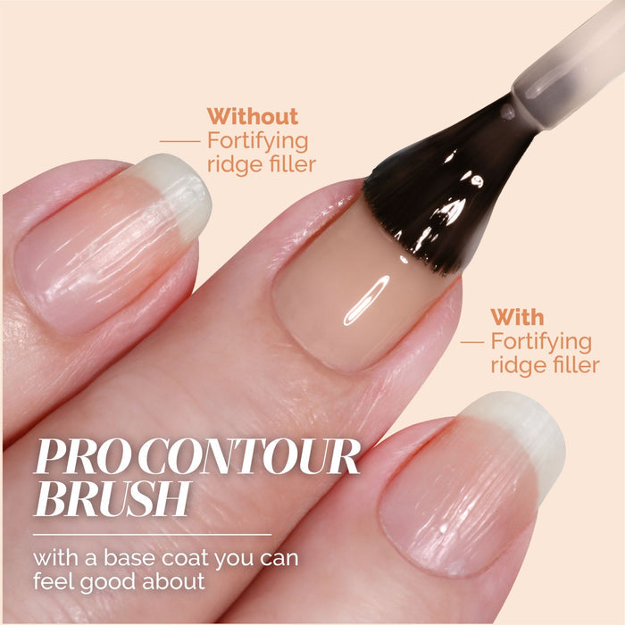 A close-up of fingernails shows a brush applying LONDONTOWN Tinted Fortifying Ridge Filler - Apricot Beige to one nail, comparing smooth, tinted results with untreated nails for visibly smoother ridges.