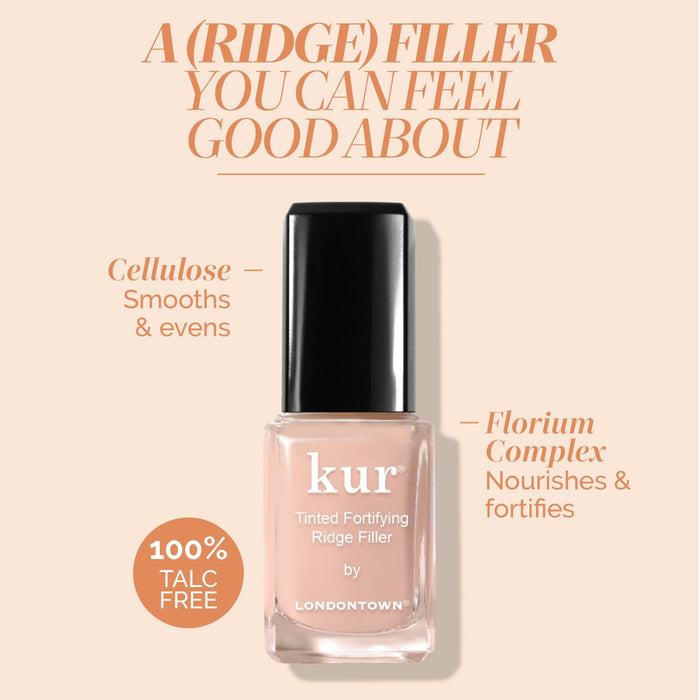 LONDONTOWN Tinted Fortifying Ridge Filler - Apricot Beige smooths ridges with a hint of tint, features a 100% talc-free formula, and is enriched with cellulose and Florium Complex to nourish and fortify nails.