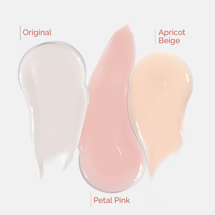 Three swatches of LONDONTOWN’s Tinted Fortifying Ridge Filler in Apricot Beige, Petal Pink, and Original show subtle tint and smooth ridges on a light background.