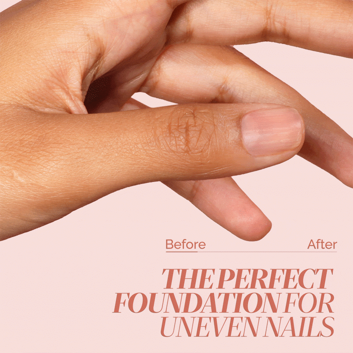 A hand displays one bare nail ("Before") and one smooth, tinted nail ("After") using LONDONTOWN Tinted Fortifying Ridge Filler in Petal Pink. Text: "The perfect foundation to smooth ridges and even out nails.