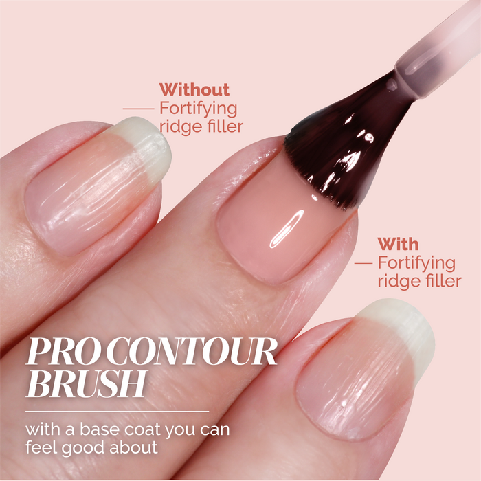 A close-up shows nails before and after LONDONTOWN Tinted Fortifying Ridge Filler - Petal Pink is applied. Text highlights its base coat benefits: it smooths ridges and adds a sheer, petal pink tint for flawless-looking nails.