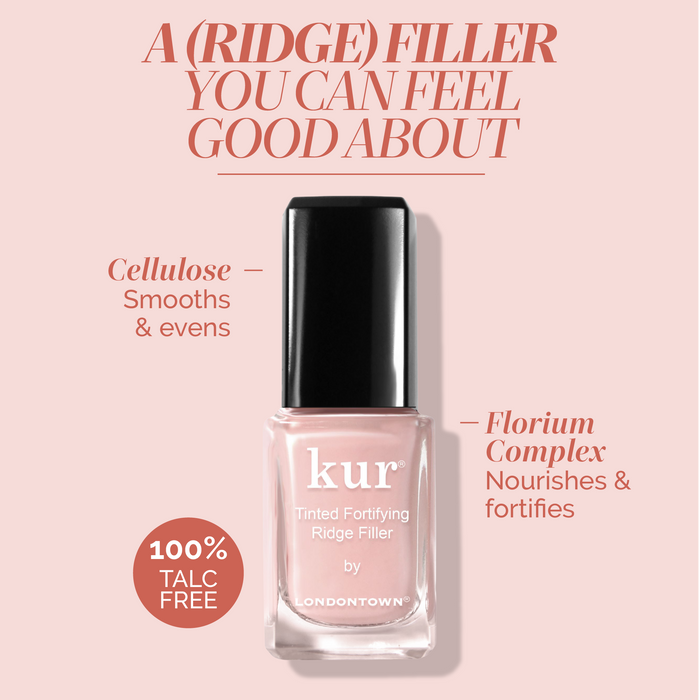 A bottle of LONDONTOWN Tinted Fortifying Ridge Filler - Petal Pink is shown, featuring a talc-free formula with cellulose and Florium Complex to smooth nail ridges and add a subtle pink tint.