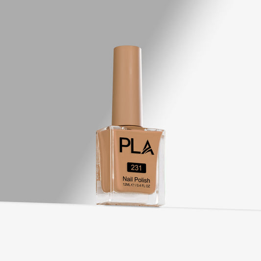 Beige nail polish bottle with 'PLA' branding on a gray background