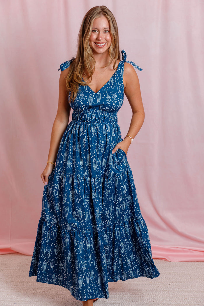 Blue Coastal Fish Print Maxi Dress- Women's Vacation Dresses- THML Fish Dress