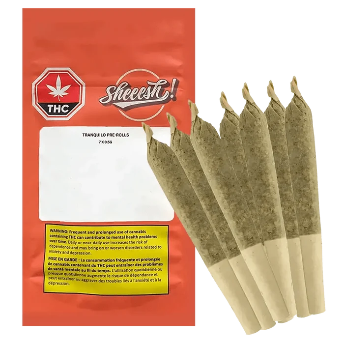 Close-up of the Tranquilo Pre Rolled 7 x 0.5 g pre-roll packaging with a bold, graphic design and a warning message on a white background.