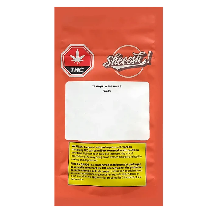 Front view of the Tranquilo Pre Rolled 7 x 0.5 g packaging, displaying a warning sign against prolonged cannabis use.