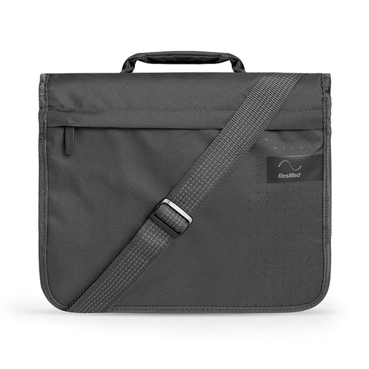 Gray shoulder bag with a visible ResMed logo on a white background