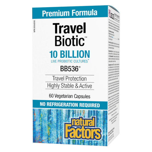 Box of Natural Factors Travel Biotic BB536 10 Billion Live  Probiotic Cultures 60 Vegetarian Capsules