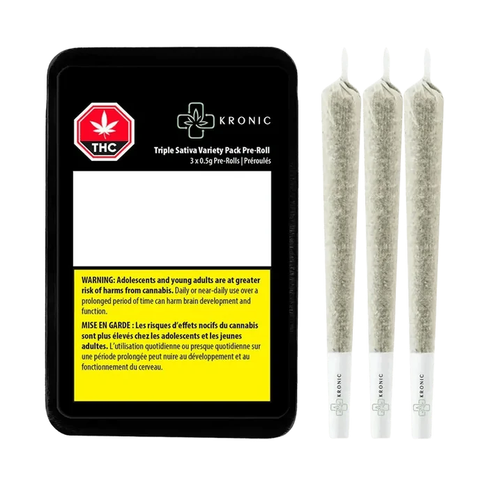 Triple Sativa Variety Pack Pre Rolled 3 x 0.5 g pre-rolls displayed against a dark background, featuring a prominent THC warning symbol.