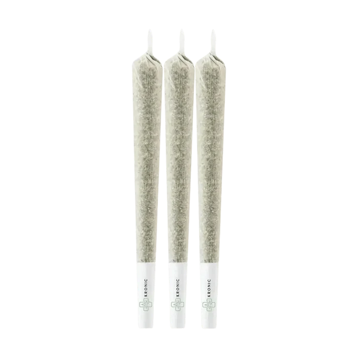 A close-up of the Triple Sativa Variety Pack Pre Rolled 3 x 0.5 g pre-rolled joints, arranged in a vertical stack against a plain white background.