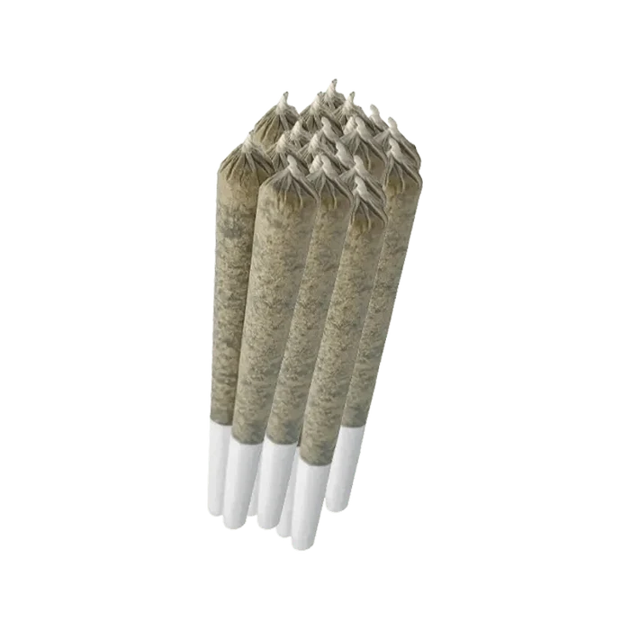 A close-up, angled view of seven 0.5g Trop Cherry Pre Rolled pre-rolls bundled together against a plain white background.