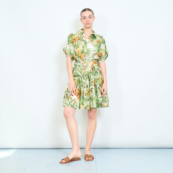 Tropical foliage print cinched waist button front mini shirt dress wholesale