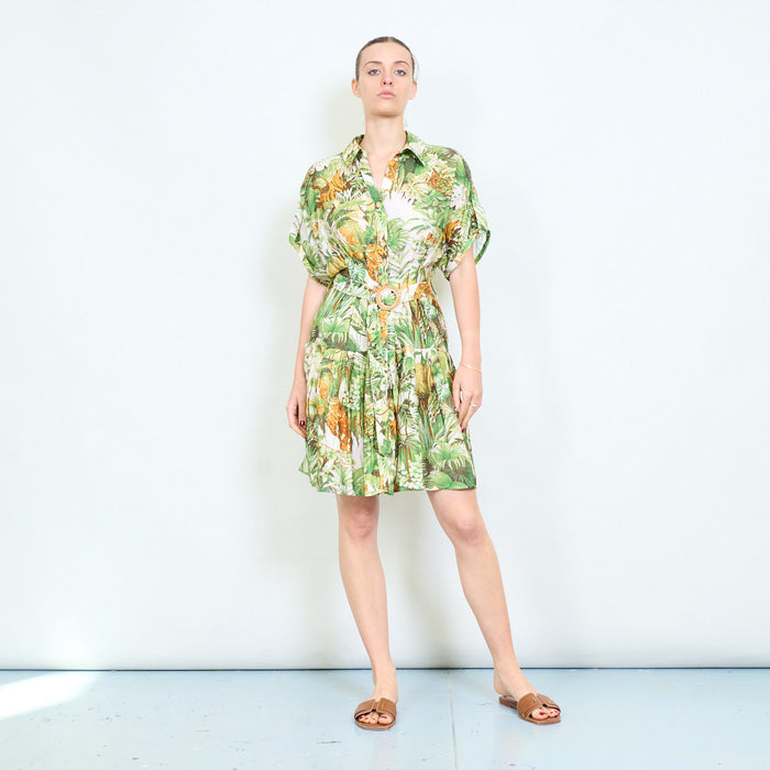 Tropical foliage print cinched waist button front mini shirt dress wholesale