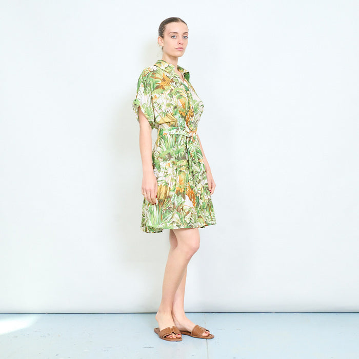 Tropical foliage print cinched waist button front mini shirt dress wholesale