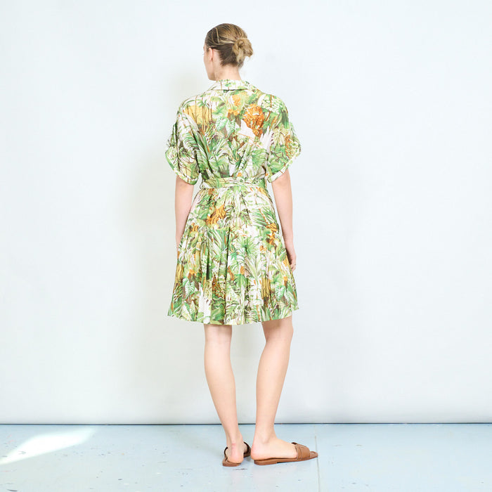 Tropical foliage print cinched waist button front mini shirt dress wholesale
