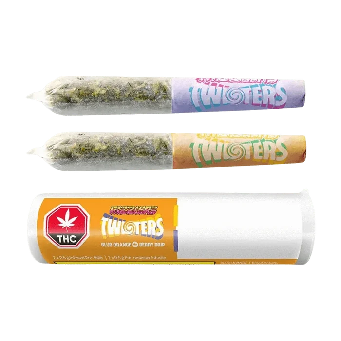 Front view of the Twisters-Blud Orange & Berry Drip Infused Pre Rolled 2 x 0.5 g packaging, featuring a vibrant, colorful design.