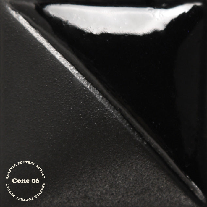 UG050 Jet Black underglaze at cone 06, tile half matte black and half glossy black