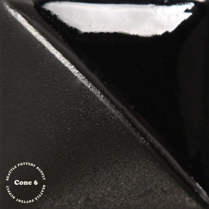 UG050 Jet Black underglaze at cone 6, tile half soft-sheen black and half glossy black
