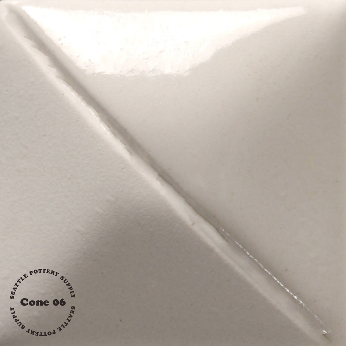 Mayco UG051 China White underglaze tile at cone 06, off-white with a glossy half and a satin half