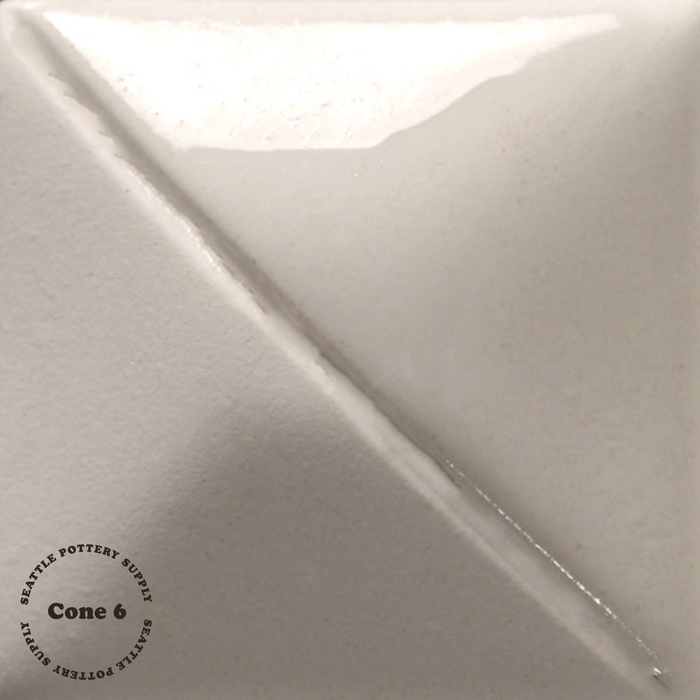 Mayco UG051 China White underglaze tile at cone 6, off-white with a glossy half and a satin half