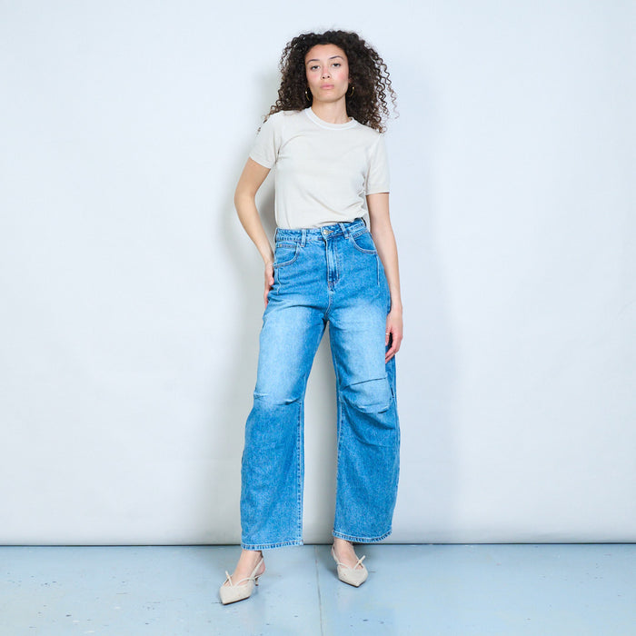 Utility wide-leg denim jeans with knee panel detail wholesale
