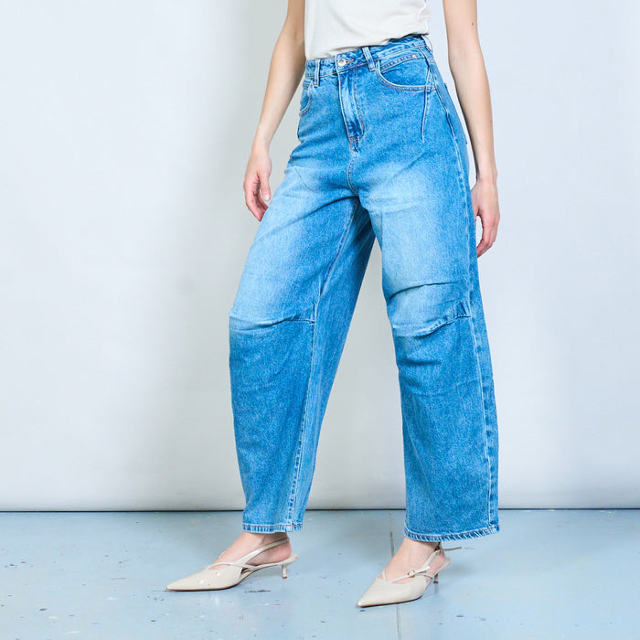 Utility wide-leg denim jeans with knee panel detail wholesale
