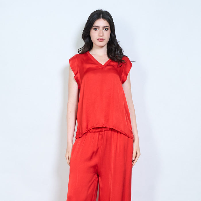 V-neck satin feel cap sleeve top wholesale