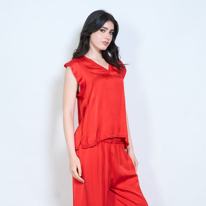 V-neck satin feel cap sleeve top wholesale