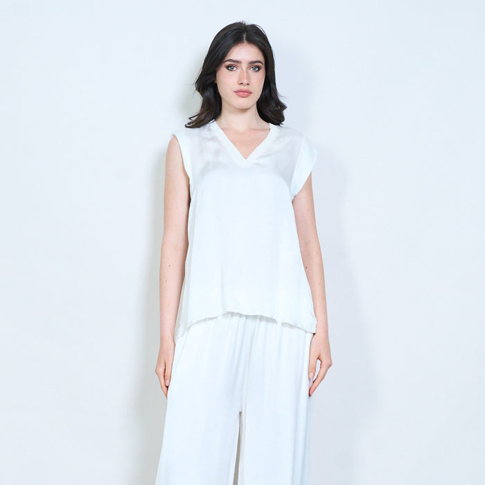 V-neck satin feel cap sleeve top wholesale