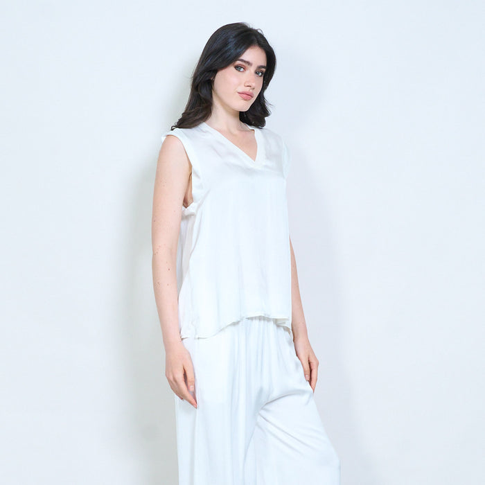 V-neck satin feel cap sleeve top wholesale