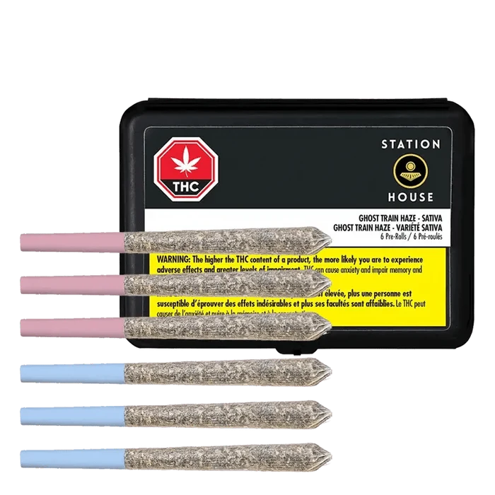 Variety Pre Rolled 6 x 0.5 g package angled slightly, displaying text and a THC logo against a neutral, off-white background.