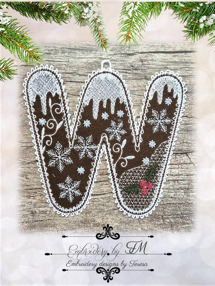W gingerbread alphabet/5x7 hoop/combination of felt and lace