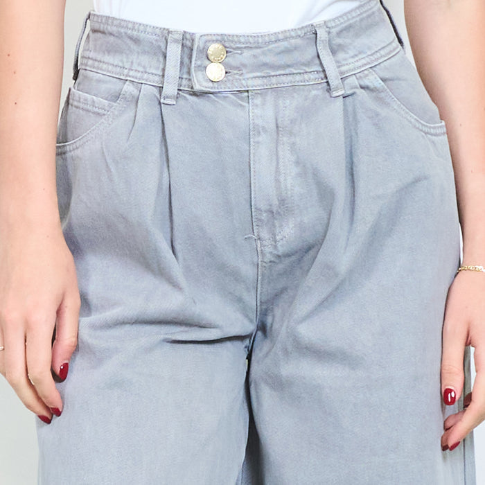 Washed denim high waist jeans with double button waistband and tapered fit wholesale
