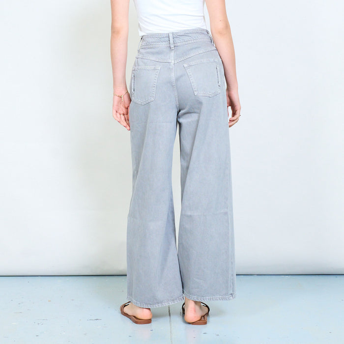 Washed denim high waist jeans with double button waistband and tapered fit wholesale
