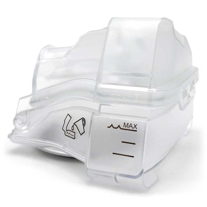 A transparent water chamber for CPAP machines, with visual indicators for minimum and maximum water levels.