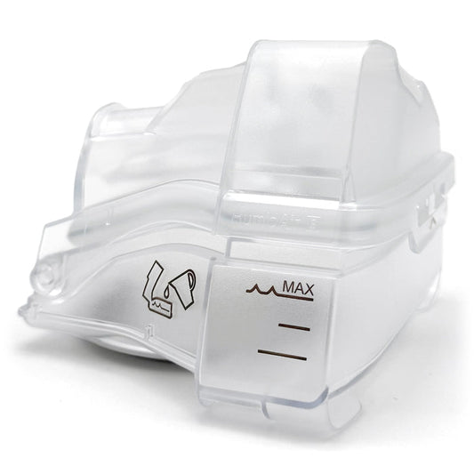 A transparent water chamber for CPAP machines, with visual indicators for minimum and maximum water levels.