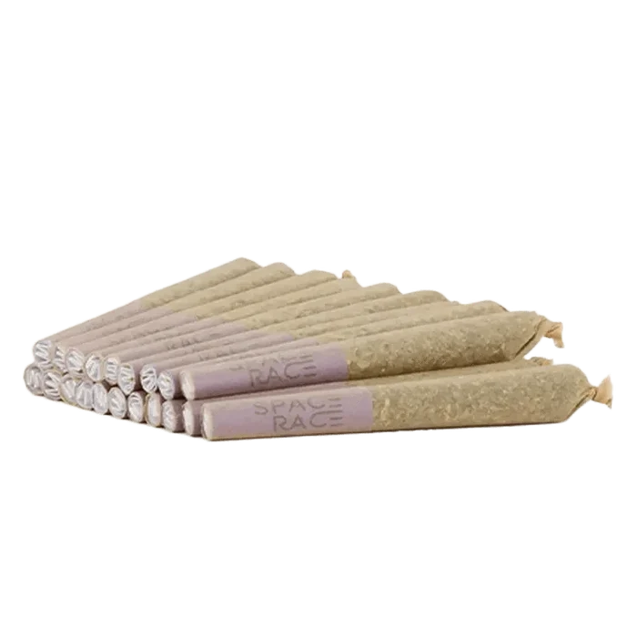 A top-down view of twenty Weedeorites Pre Rolled 0.4 g pre-rolls, neatly arranged on a neutral background.
