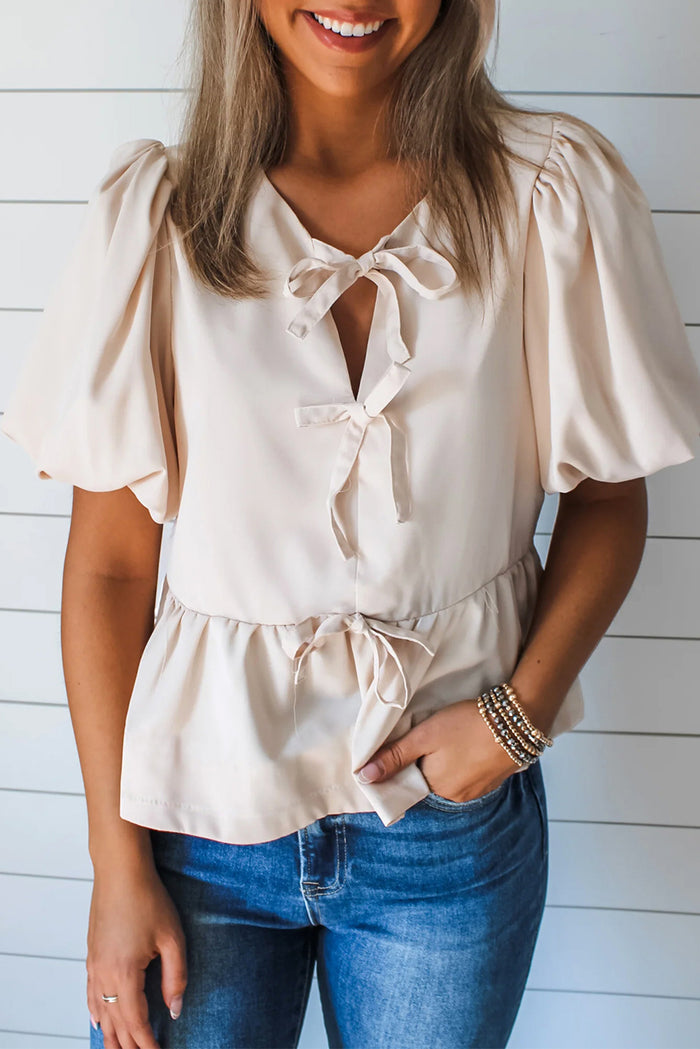 White Bow Tie Short Puff Sleeve Ruffle Hem Blouse 🇺🇸