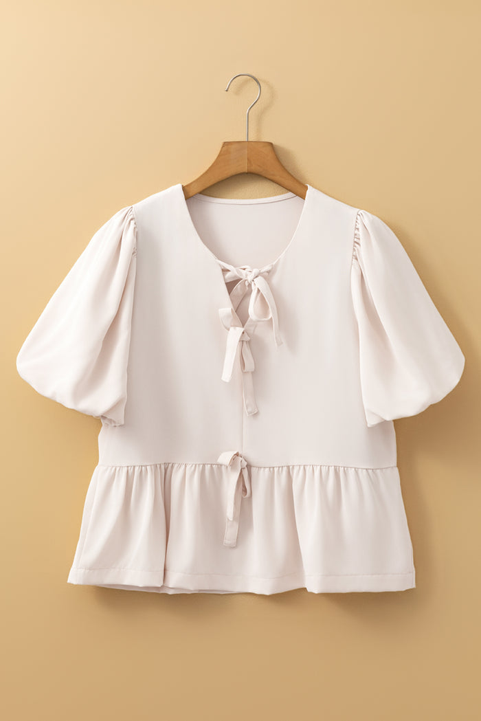 White Bow Tie Short Puff Sleeve Ruffle Hem Blouse 🇺🇸