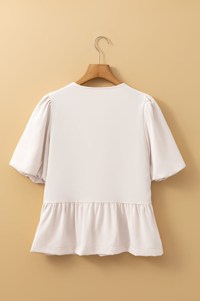 White Bow Tie Short Puff Sleeve Ruffle Hem Blouse 🇺🇸