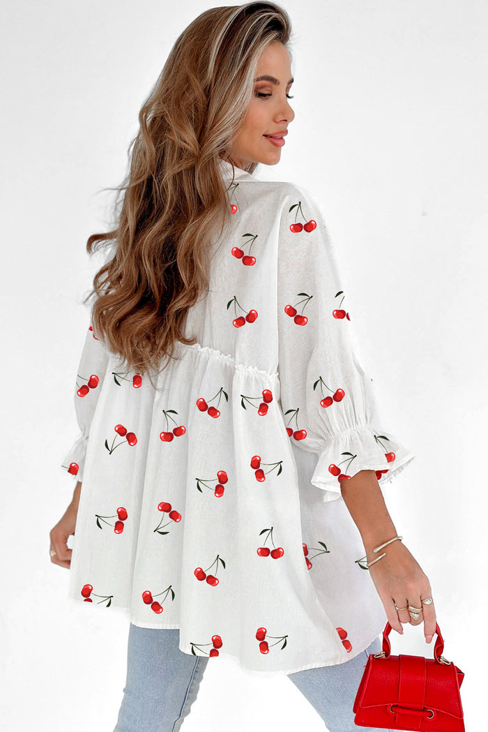 White Cherry Print Flounce Sleeve Collared Frilled Babydoll Blouse 🇺🇸