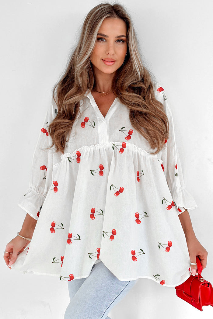White Cherry Print Flounce Sleeve Collared Frilled Babydoll Blouse 🇺🇸