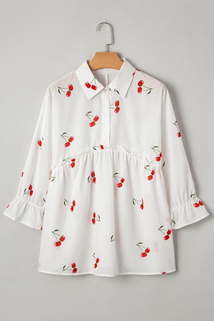 White Cherry Print Flounce Sleeve Collared Frilled Babydoll Blouse 🇺🇸