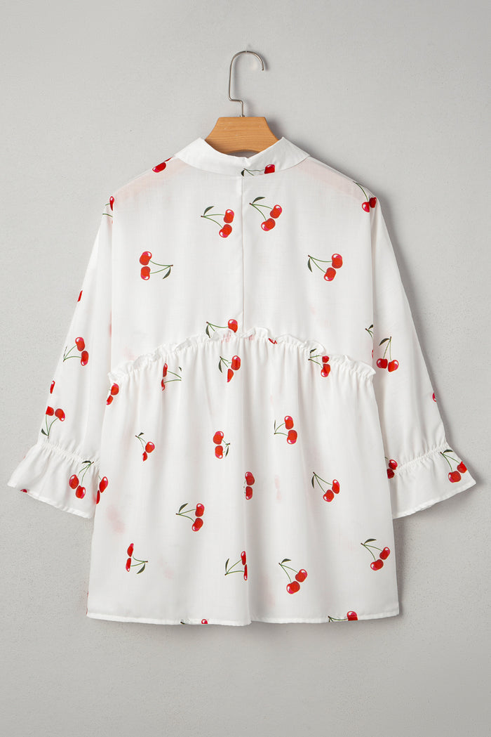 White Cherry Print Flounce Sleeve Collared Frilled Babydoll Blouse 🇺🇸