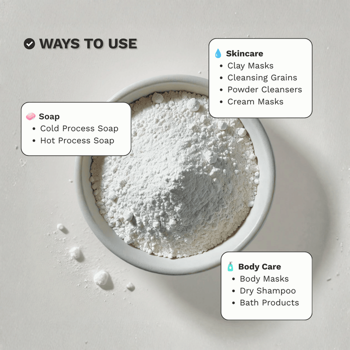 Infographic showing common ways to use White Kaolin Clay in skincare, face masks and DIY formulations.